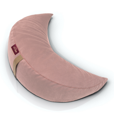 buckwheat half-moon cushion in a light pink velour cover