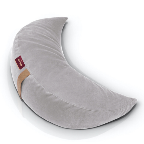 buckwheat half-moon cushion in a light grey velour cover