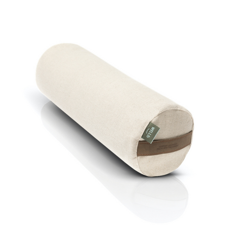 small buckwheat roller with a white sand linen and cotton cover
