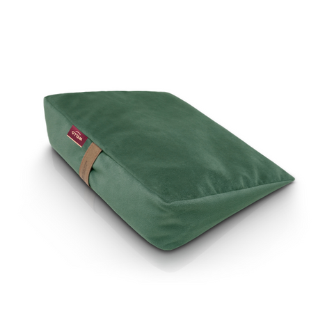 Wedge pillow for sitting in a green velour cover