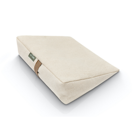 Buckwheat wedge pillow in a white sand linen and cotton cover