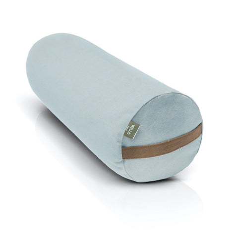 large buckwheat bolster with a light grey linen and cotton cover