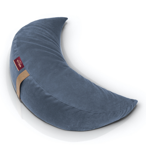 buckwheat half-moon cushion in a blue velour cover